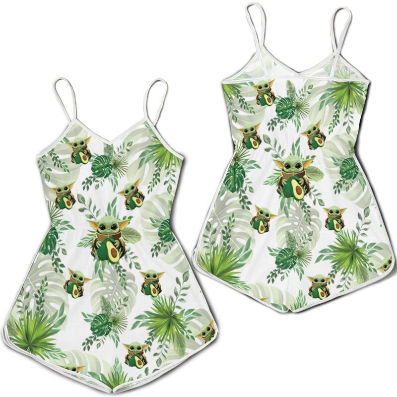 Baby Yoda Hugging Avocadoes Seamless Tropical Green Leaves On White Romper RJ01781