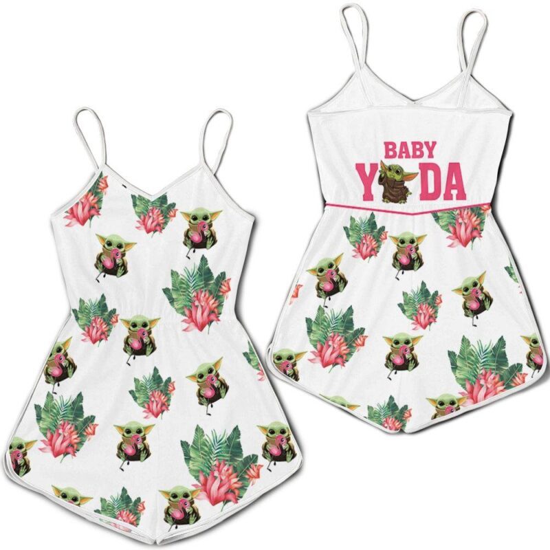 Baby Yoda Hugging Flamingos Seamless Tropical Leaves Lotuses On Black Romper RJ01659