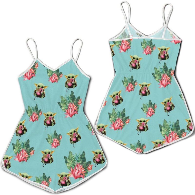 Baby Yoda Hugging Flamingos Seamless Tropical Leaves Lotuses On Teal Romper RJ01766