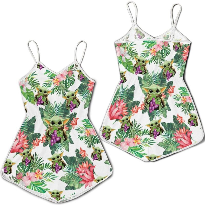 Baby Yoda Hugging Grapes Seamless Tropical Green Leaves Flower On White Romper RJ01666