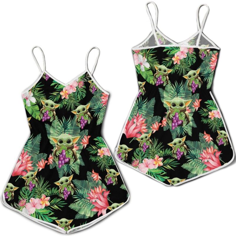 Baby Yoda Hugging Grapes Seamless Tropical Leaves Colorful Flowers On Black Romper RJ01773