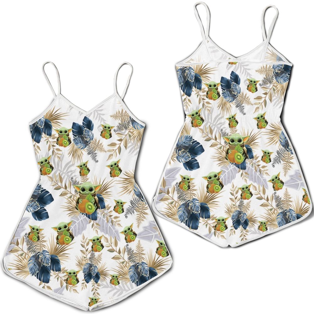 Baby Yoda Hugging Kiwis Seamless Tropical Blue And Green Leaves On 