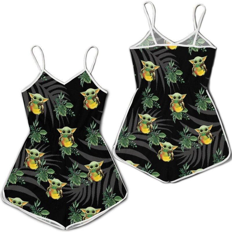 Baby Yoda Hugging Kiwis Seamless Tropical Green Leaves On Black Romper RJ01664