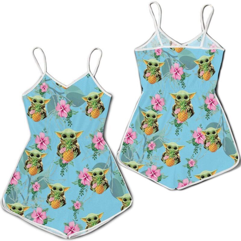 Baby Yoda Hugging Pineapple Seamless Tropical Colorful Flowers On Teal Romper RJ01767