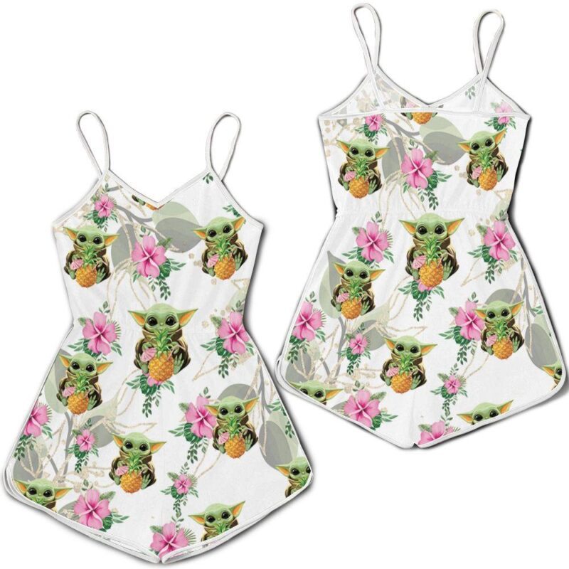 Baby Yoda Hugging Pineapples Seamless Tropical Colorful Flowers On White Romper RJ01788