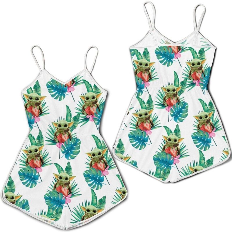 Baby Yoda Hugging Strawberries Seamless Tropical Green Leaves On White Romper RJ01657