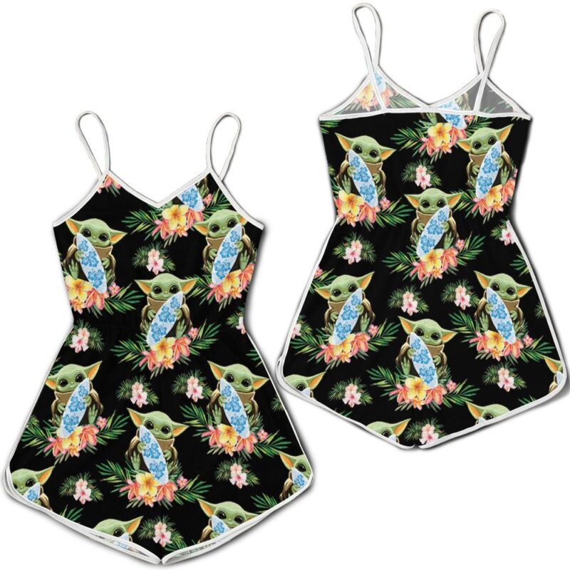 Baby Yoda Hugging Surf Boards Seamless Tropical Green Leaves On Black Romper RJ01669