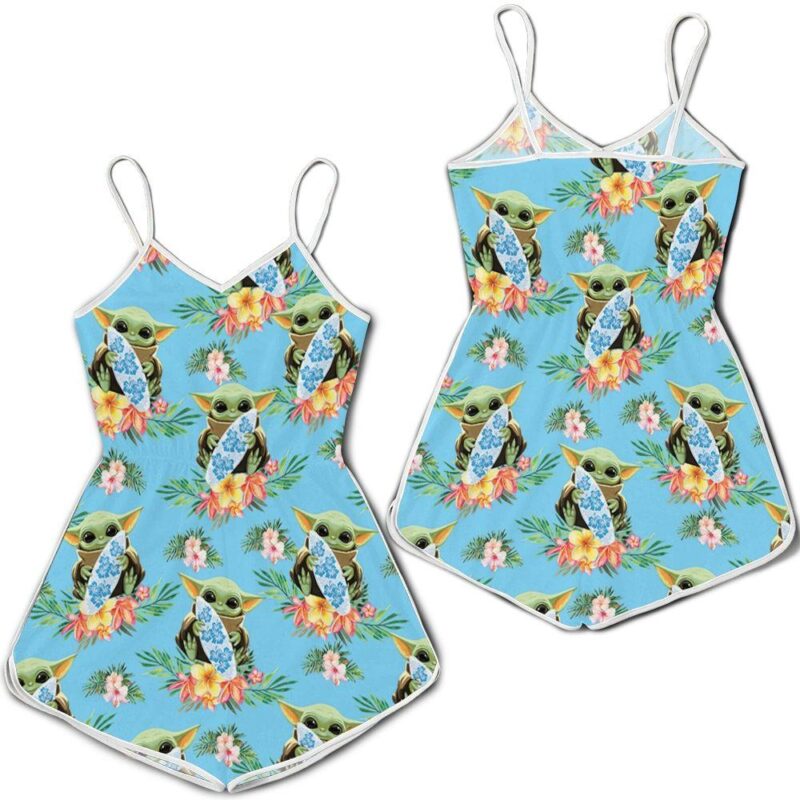 Baby Yoda Hugging Surf Boards Seamless Tropical Green Leaves On Teal Romper RJ01655