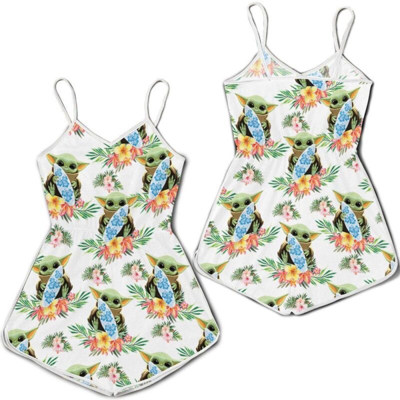 Baby Yoda Hugging Surf Boards Seamless Tropical Green Leaves On White Romper RJ01787