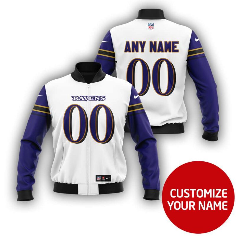 Baltimore Ravens #00 Personalized White Blue Jersey Style Gift With Custom Number Name For Ravens Fans Bomber Jacket BJ03872