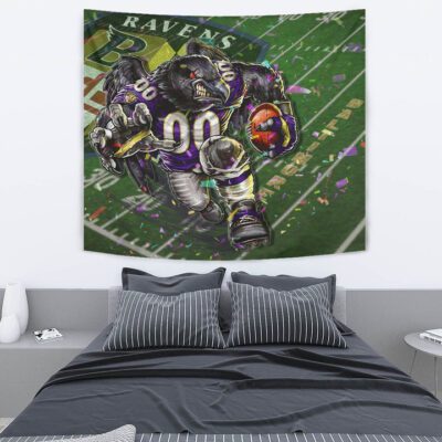 Baltimore Ravens American Football Team Tapestry Angry Muscle Raven Holding Rugby Ball Running On Field Tapestry Wall Hanging 2