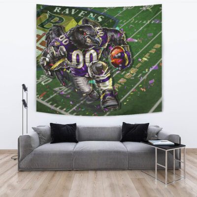 Baltimore Ravens American Football Team Tapestry Angry Muscle Raven Holding Rugby Ball Running On Field Tapestry Wall Hanging 3