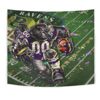 Baltimore Ravens American Football Team Tapestry Angry Muscle Raven Holding Rugby Ball Running On Field Tapestry Wall Hanging