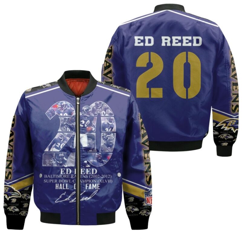 Baltimore Ravens Ed Reed 20 Hall Of Fame Best Player NFL America Football Gift For Ravens Fans Bomber Jacket BJ00925