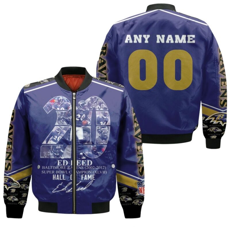 Baltimore Ravens Ed Reed 20 Hall Of Fame NFL America Football Gift With Custom Name Number For Ravens Fans Bomber Jacket BJ00919