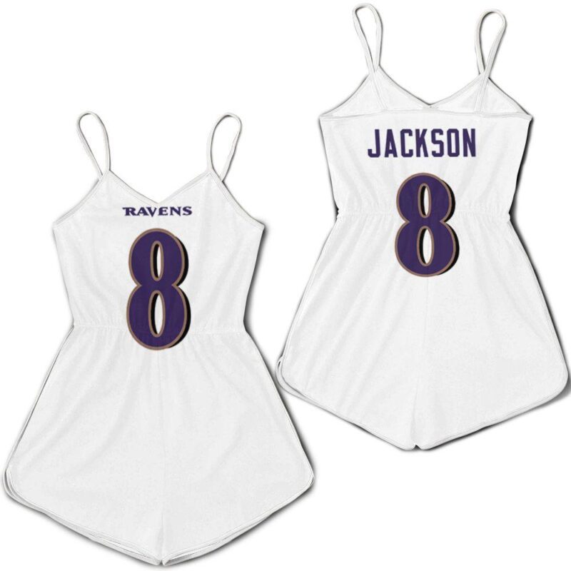 Baltimore Ravens Lamar Jackson #8 NFL Great Player White 100th Season Gift For Baltimore Fans Romper Jumpsuit RJ05436