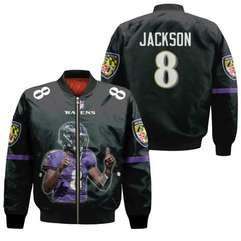 Baltimore Ravens Lamar Jackson 8 NFL Legendary Captain Black Gift For Ravens Fans Bomber Jacket BJ00503