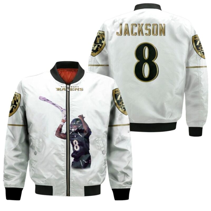 Baltimore Ravens Lamar Jackson 8 NFL Legendary Captain White Gift For Ravens Fans Bomber Jacket BJ00435