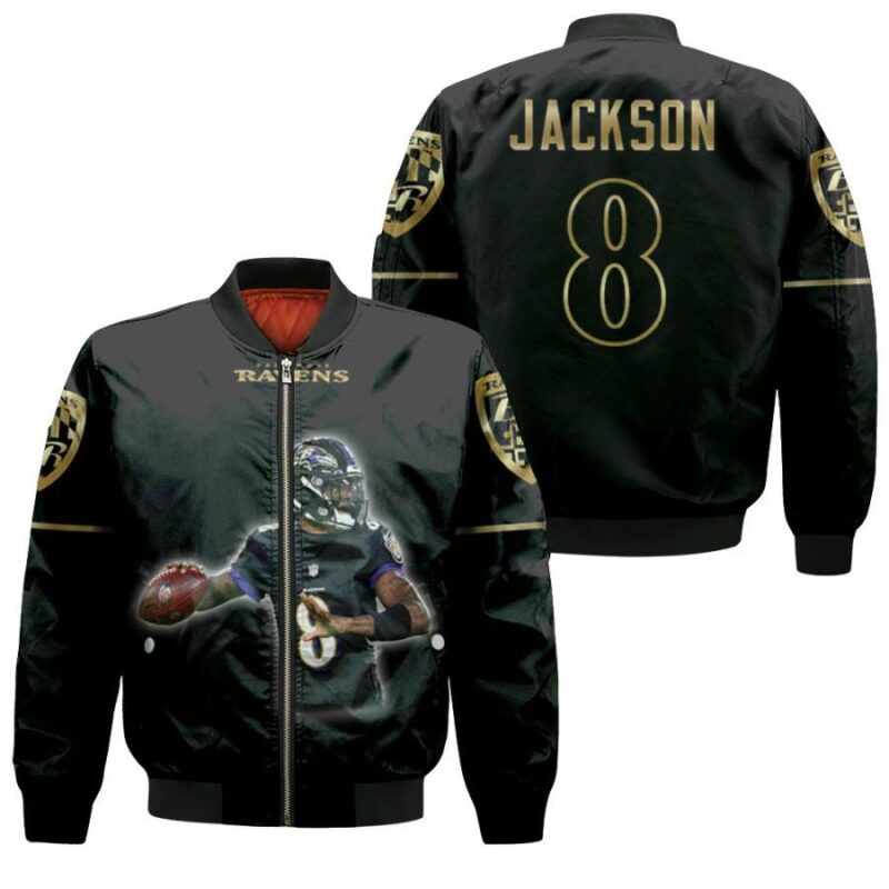 Baltimore Ravens Lamar Jackson 8 NFL Legendary Football Captain Black Gift For Ravens Fans Bomber Jacket BJ00452