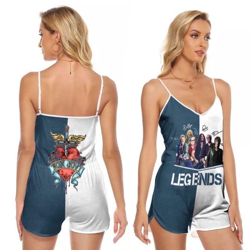 Bon jovi heart logo legends band all members signatures 3d designed for Bon jovi fan V-neck Romper Jumpsuit RJ00654