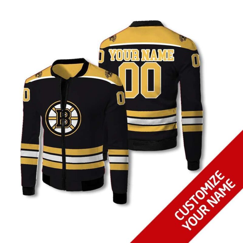 Boston Bruins Nhl Hockey Team Black And Yellow Personalized Number Name Jersey Style Gift For Bruins And Hockey Fans Bomber Jacket BJ03809