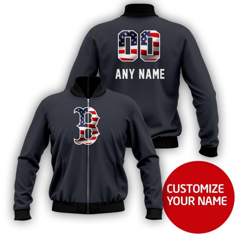 Boston Red Sox American Flag #00 Personalized Black Jersey Style Gift With Custom Number Name For Red Sox Fans Bomber Jacket BJ03812