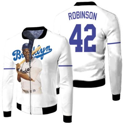 Brooklyn Dodgers Jackie Robinson 42 2020 MLB Team White Jersey Style Gift For Dodgers Fans Fleece Bomber Jacket