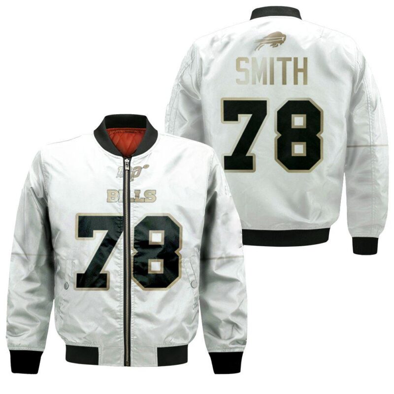 Buffalo Bills Bruce Smith #78 NFL White 100th Season Golden Edition Jersey Style Gift For Bills Fans Bomber Jacket BJ01236