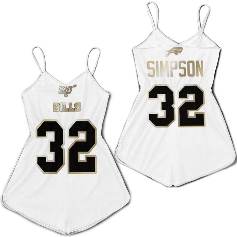 Buffalo Bills O J Simpson #32 NFL White 100th Season Golden Edition Gift For Bills Fans Romper Jumpsuit RJ05339