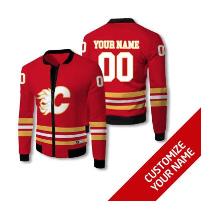 Calgary Flames Nhl Hockey Team Red Personalized Number Name Jersey Style Gift For Flames Fans Fleece Bomber Jacket