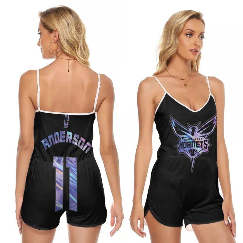 Charlotte Hornets Anderson #11 NBA Great Player Ball Iridescent Holographic Black Gift For Hornets Fans V-neck Romper Jumpsuit RJ00069