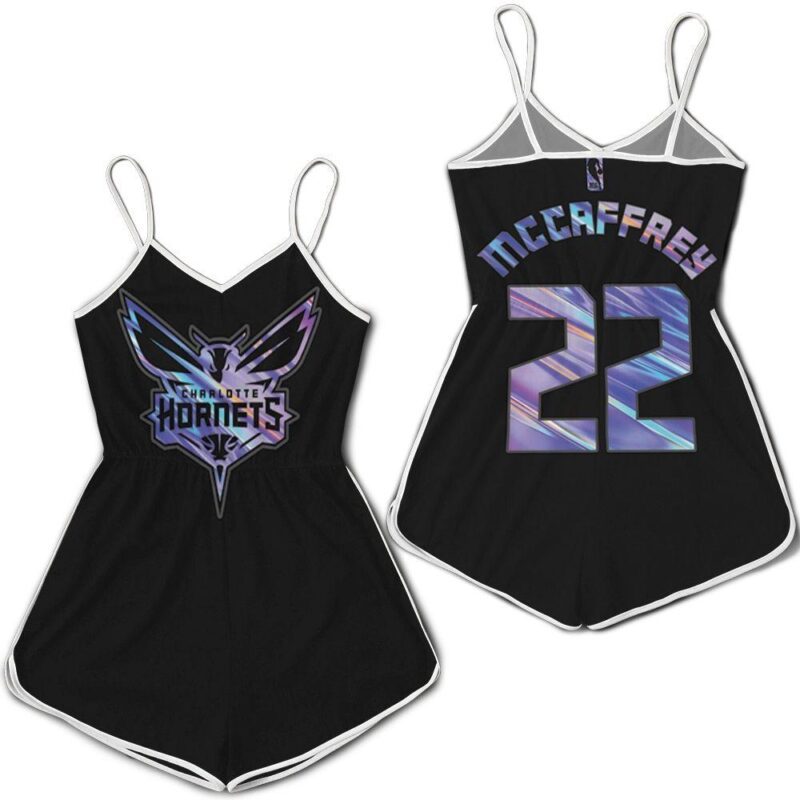 Charlotte Hornets Christian McCaffrey #22 NBA Great Player Ball Iridescent Holographic Black Gift For Hornets Fans Romper Jumpsuit RJ00195