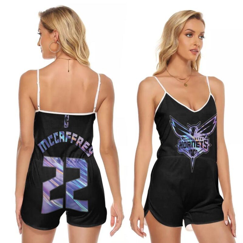 Charlotte Hornets Christian McCaffrey #22 NBA Great Player Ball Iridescent Holographic Black Gift For Hornets Fans V-neck Romper Jumpsuit RJ00026