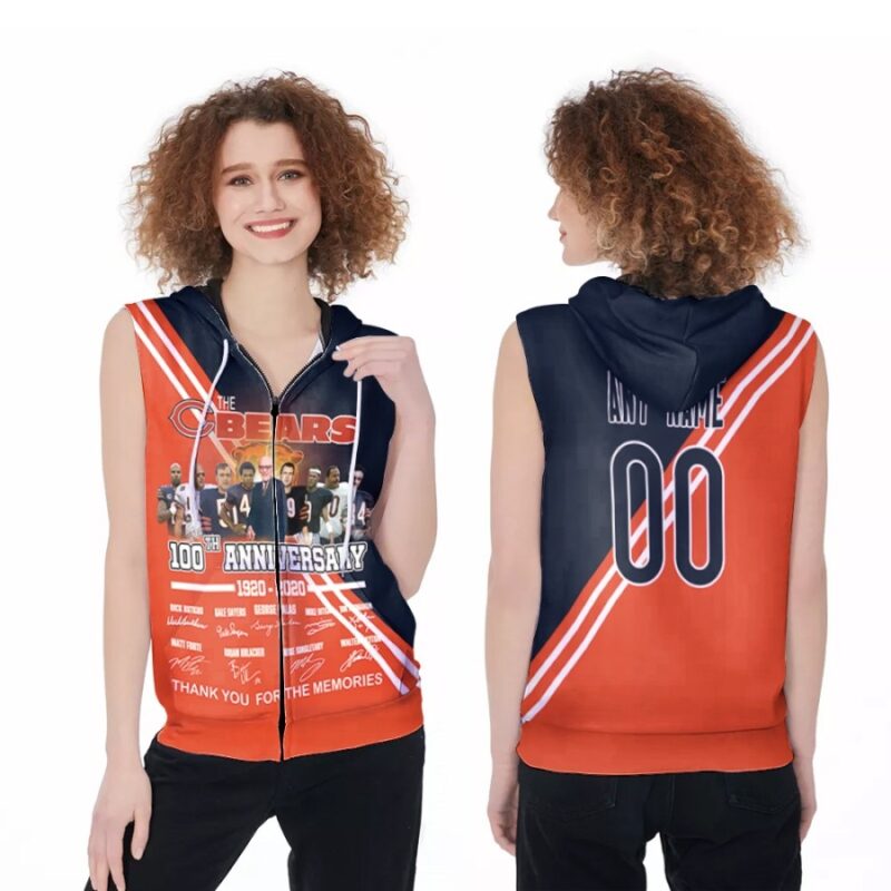 Chicago Bears The Bears 100th Anniversary 1920 2020 Thank You For The Memories 3D Custom Name Number For Bears Fans Zip Sleeveless Hoodie ZSH1952