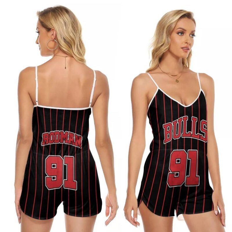 Chicago Bulls Dennis Rodman #91 NBA Great Player Throwback Black Gift For Bulls Fans 1 V-neck Romper Jumpsuit RJ00093
