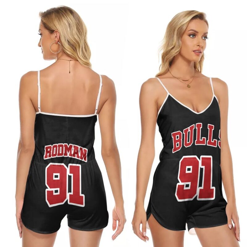 Chicago Bulls Dennis Rodman #91 NBA Great Player Throwback Black Gift For Bulls Fans 2 V-neck Romper Jumpsuit RJ00014