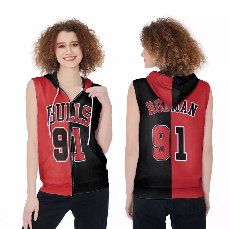 Chicago Bulls Dennis Rodman #91 NBA Great Player Throwback Red Black Jersey Style Gift For Bulls Fans Zip Sleeveless Hoodie ZSH0295