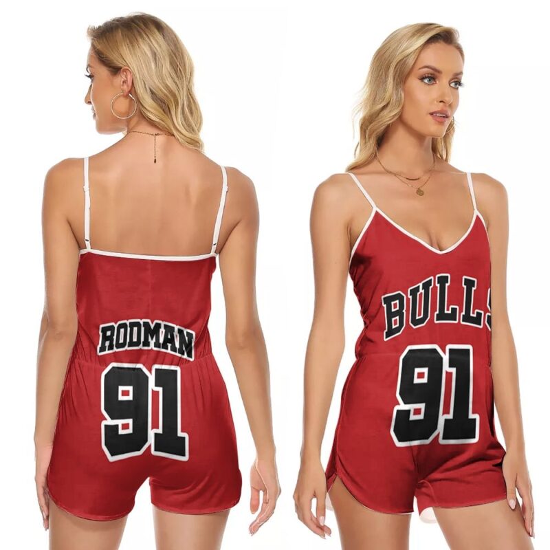 Chicago Bulls Dennis Rodman #91 NBA Great Player Throwback Red Gift For Bulls Fans V-neck Romper Jumpsuit RJ00029
