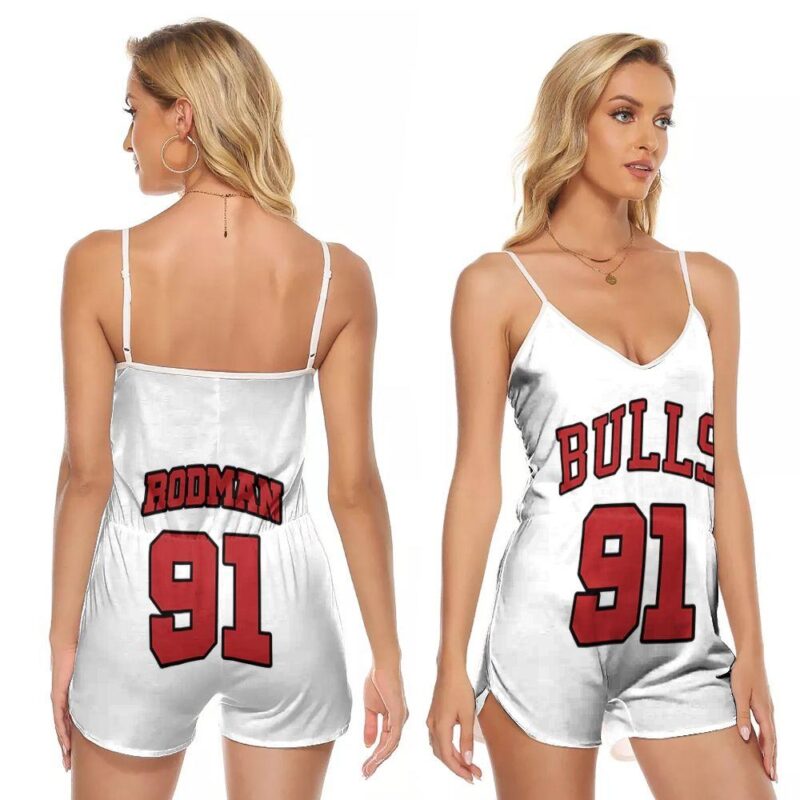 Chicago Bulls Dennis Rodman #91 NBA Great Player Throwback White Gift For Bulls Fans V-neck Romper Jumpsuit RJ00061