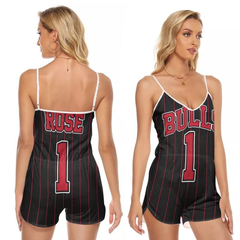 Chicago Bulls Derrick Rose 1 NBA Basketball Throwback Red Stripes Black Gift For Bulls Fans V-neck Romper Jumpsuit RJ00640