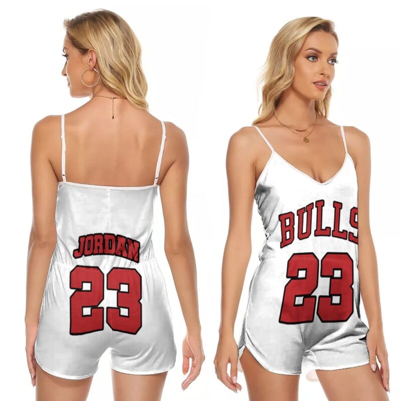 Chicago Bulls Michael Jordan #23 NBA Great Player Throwback White Gift For Bulls Fans V-neck Romper Jumpsuit RJ00028