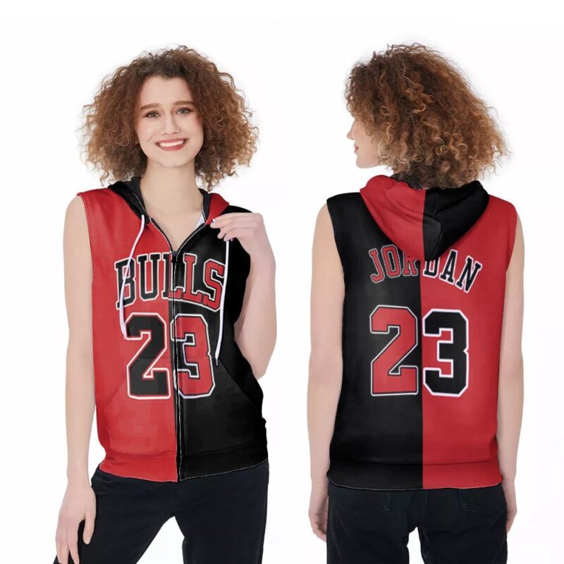 Chicago Bulls Michael Jordan 23 Nba Throwback Split Edition Red Black Jersey Inspired Style Zip Sleeveless Hoodie ZSH1881