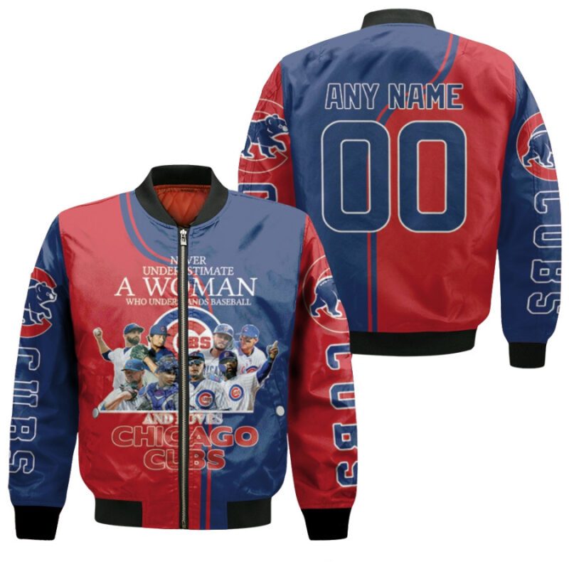 Chicago Cubs Never Underestimate A Woman Loves Cubs Legends 3D Allover Gift With Custom Number Name For Cubs Fans Bomber Jacket BJ00172