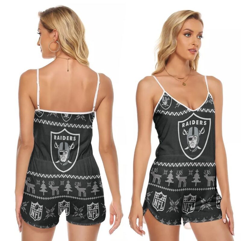 Christmas Tree Deer Pattern Oakland Raiders NFL American Football Team Logo Gift For Raiders Fans V-neck Romper Jumpsuit RJ00806