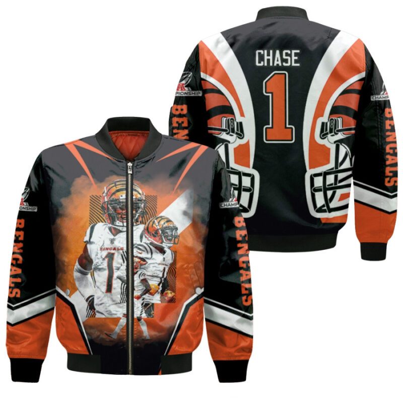 Cicinnati Bengals Jamaar Chase 1 NFL Team AFC Championship 2022 Black Jersey Style Gift For Bengals Fans Chase Fans Bomber Jacket BJ00264