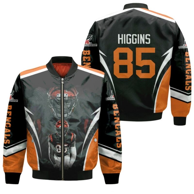 Cicinnati Bengals Tee Higgins 85 NFL Team AFC Championship 2022 Black Jersey Style Gift For Bengals Fans Higgins Fans Bomber Jacket BJ00388