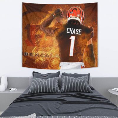 Cincinnati Bengals American Football Team Tapestry Ja'Marr Chase 01 Flaming From The Back Tapestry Wall Hanging 2 Cincinnati Bengals American Football Team Tapestry JaMarr Chase 01 Flaming From The Back Tapestry Wall Hanging 2