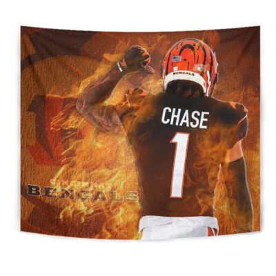 Cincinnati Bengals American Football Team Tapestry Ja'Marr Chase 01 Flaming From The Back Tapestry Wall Hanging