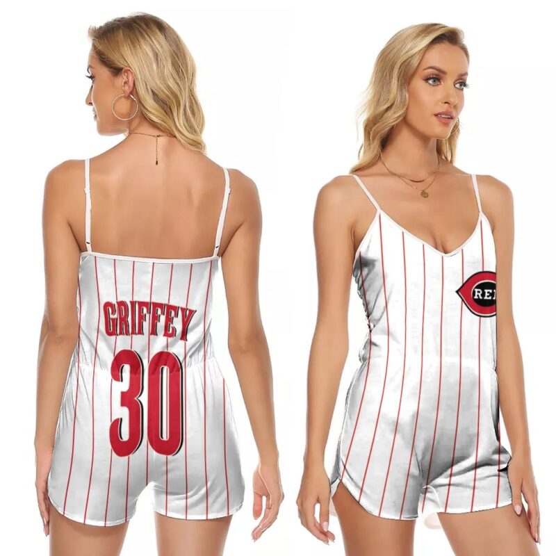 Cincinnati Reds Ken Griffey Jr. #30 Great Player MLB Majestic 1999 Throwback White Red 2019 Gift For Reds Fans V-neck Romper Jumpsuit RJ00132