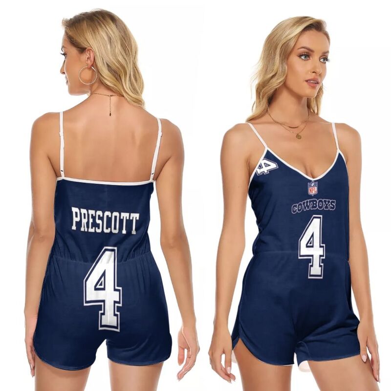 Dallas Cowboys Dak Prescott #4 Great Player NFL American Football Game Navy 2019 Gift For Cowboys Fans V-neck Romper Jumpsuit RJ00059